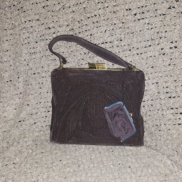 GOLD SEAL-Vintage 50s Corded Chocolate Brown Bag-Attached Coin Purse-Near Mint - Picture 7 of 11